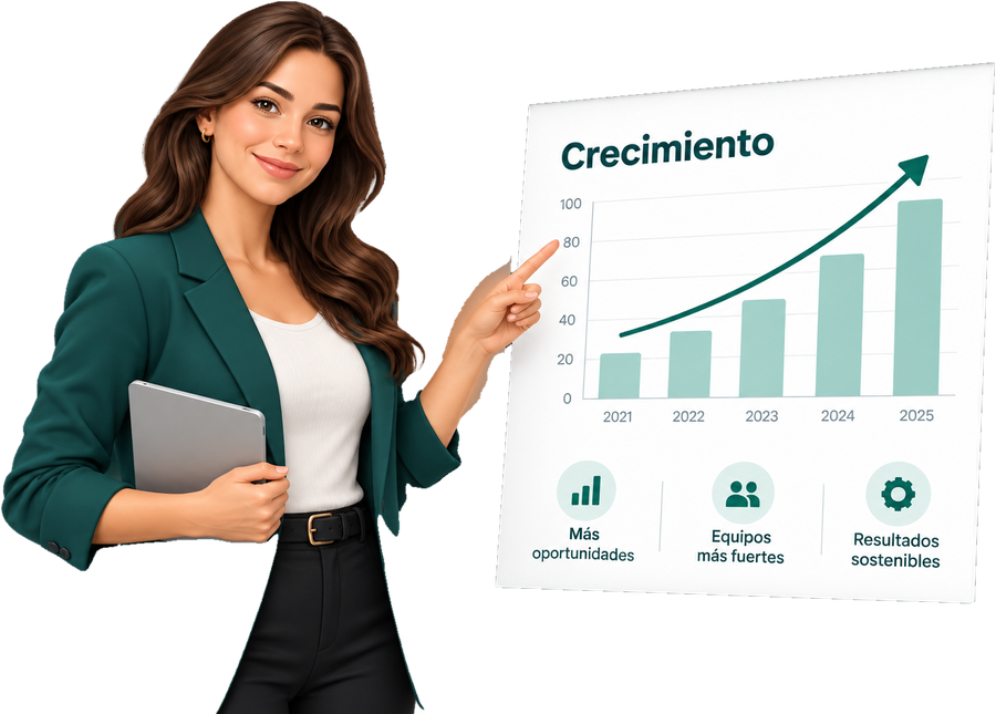Ejecutiva sonriente señalando un tablero con una gráfica de crecimiento empresarial